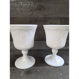 Vintage Harvest Grape White Milk Glass Water/Wine Goblets Set of 2 (5"H)